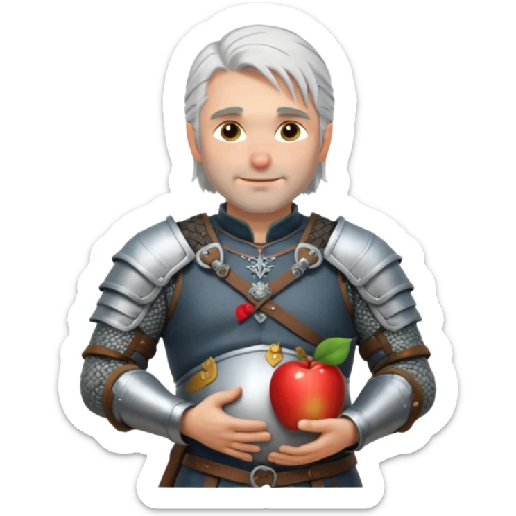 Geralt of Rivia holding pregnant belly, silver hair, medieval armor, gentle smile, Apple emoji style sticker
