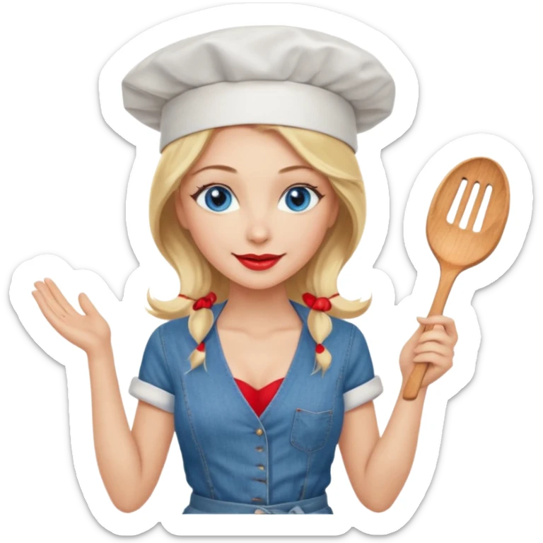 Beautiful, sexy,  long blonde hair, blue eyed, full red lips plunging v neck shirt, denim shorts, chef hat  sticker