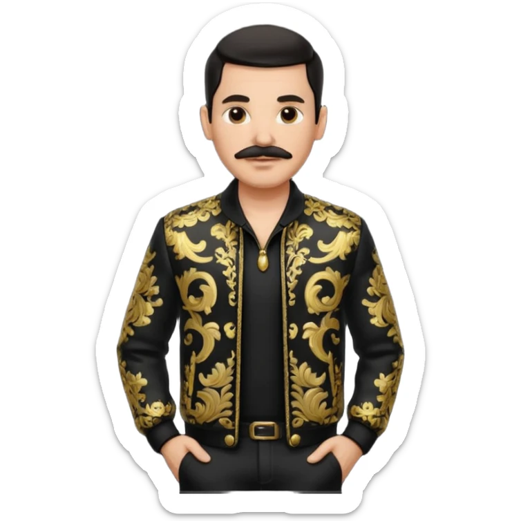 man with slicked-back dark hair and a mustache, wearing a black and gold ornate patterned jacket over a black shirt, hands in pockets, standing confidently sticker