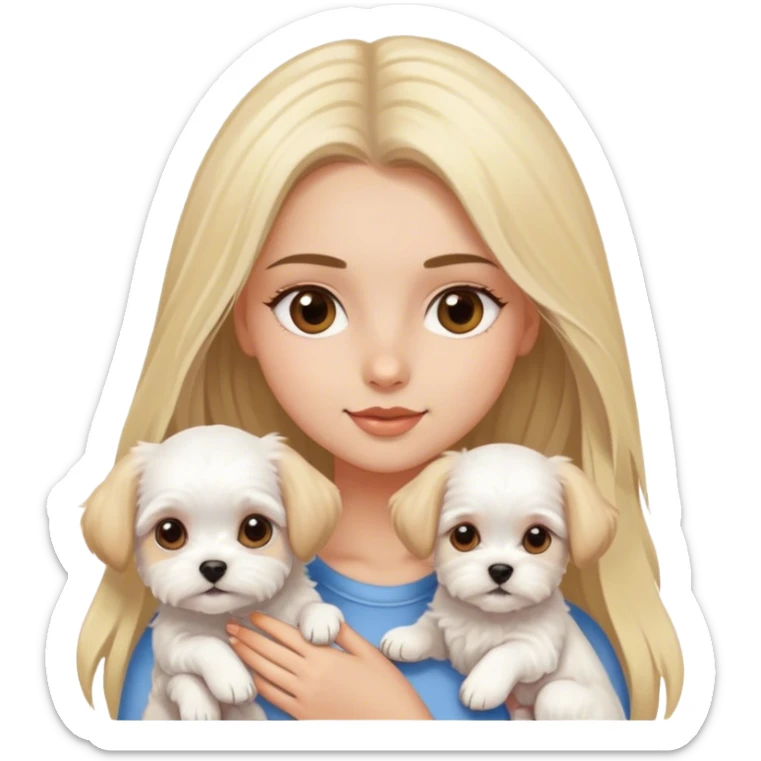 Blond long hair brown eyes girl with maltese puppy sticker