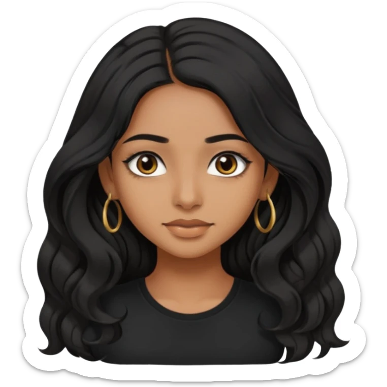 a pretty tan indian bratz girl. eyeliner on, wearing a black tshirt. wavy long BLACK coloured hair sticker