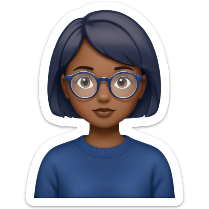 A girl with dark blue sweather, short hair and circilar glasses sticker