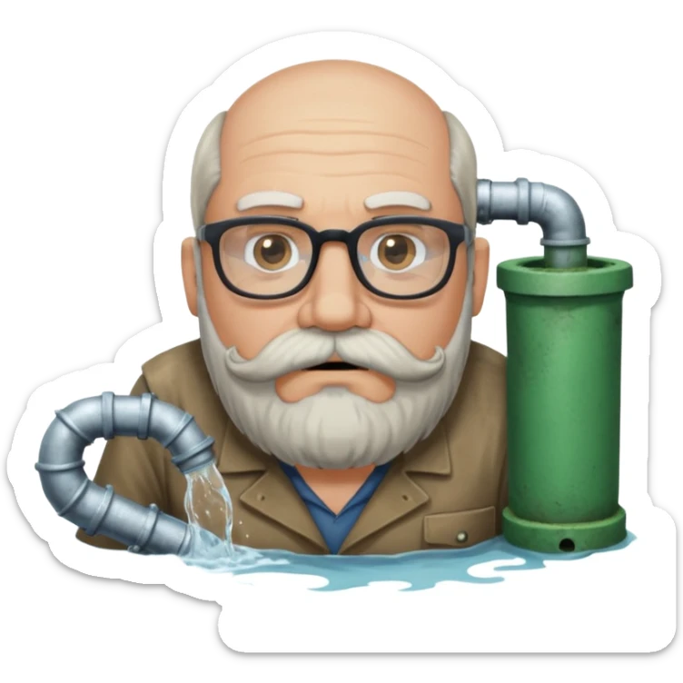 50 year old bearded and moustached white male wearing glasses. His mouth has been cast into a frame made of concrete and out of his mouth is flowing sewer water connected to a drain pipe. He is proud and thinks his right, while being slightly angry because the joke is on him. sticker
