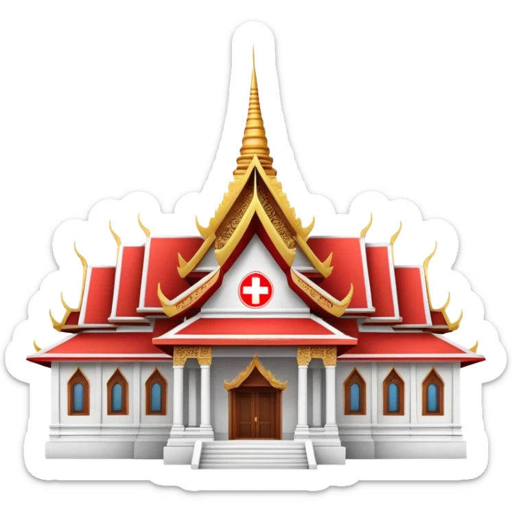 Traditional Thai hospital with pointed roof architecture, red cross symbol, ornate details, with traditional Thai architectural elements sticker