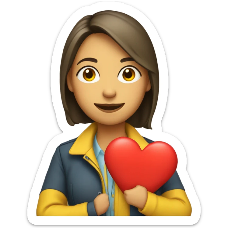 A female teacher in a yellow jacket holds a heart in her hands sticker