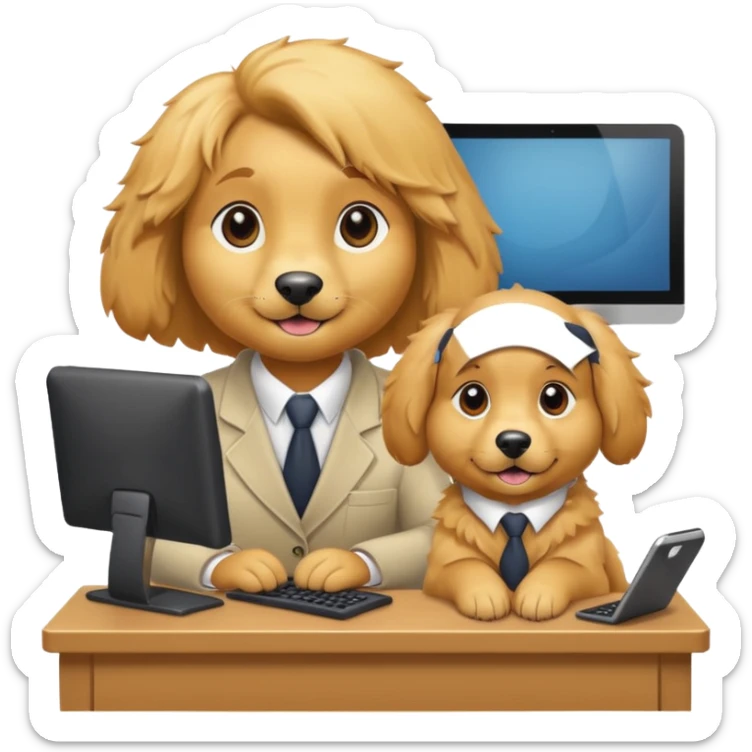 golden retriever receptionist emoji, with a computer and phone on the desk, approachable look sticker