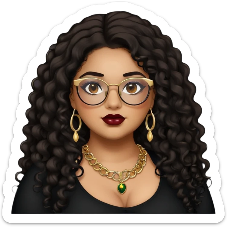 teen big plus size, latina, darker tan skin, gold jewelry, long black curly hair, baddie,pretty, makeup, dark red lipgloss, black eyeliner, long hair, black top, black glasses sticker