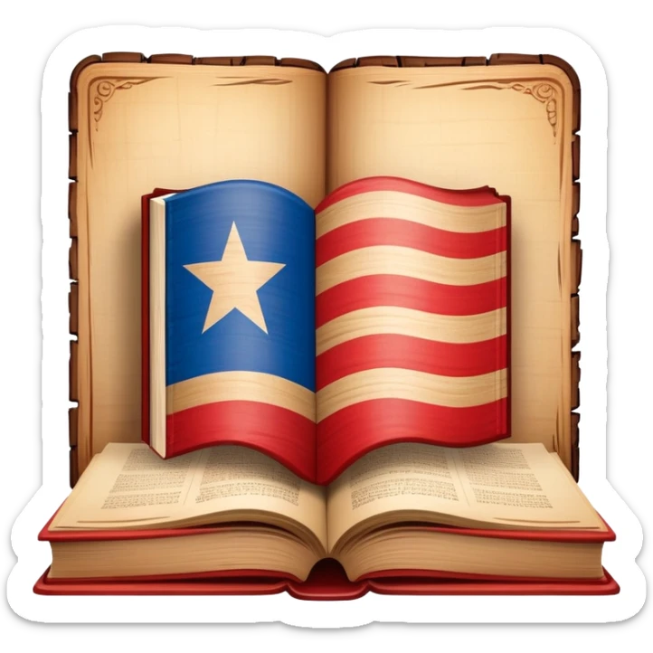 Timeless book with Puerto Rican flag design, theater stage symbol carved in wood, parchment and wooden textures, warm tones with a subtle glow, representing the history of scenic design sticker