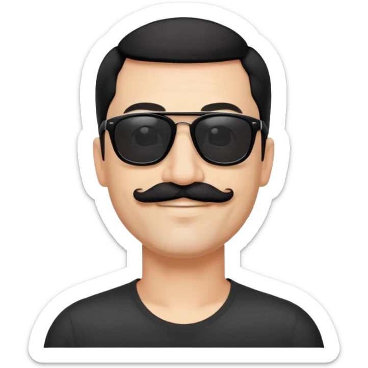 đàn ông 50 tuổi, da trắng, có râu ria đen. đeo kính đen, tóc đen ngắn, cười mỉm sticker