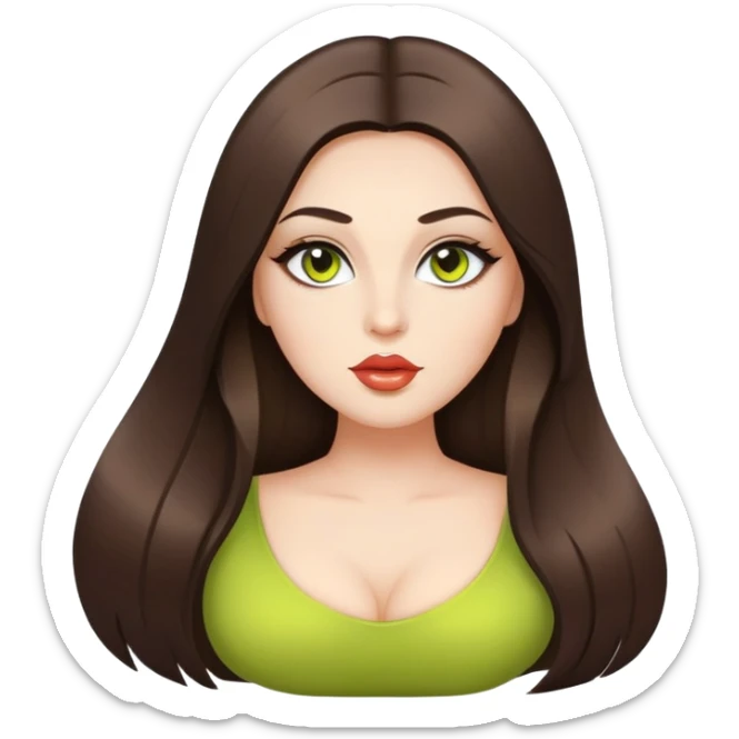 Curvy but beautiful brunette girl, chartreuse eyes, pin straight super long hair, modern style and glossy lips sticker
