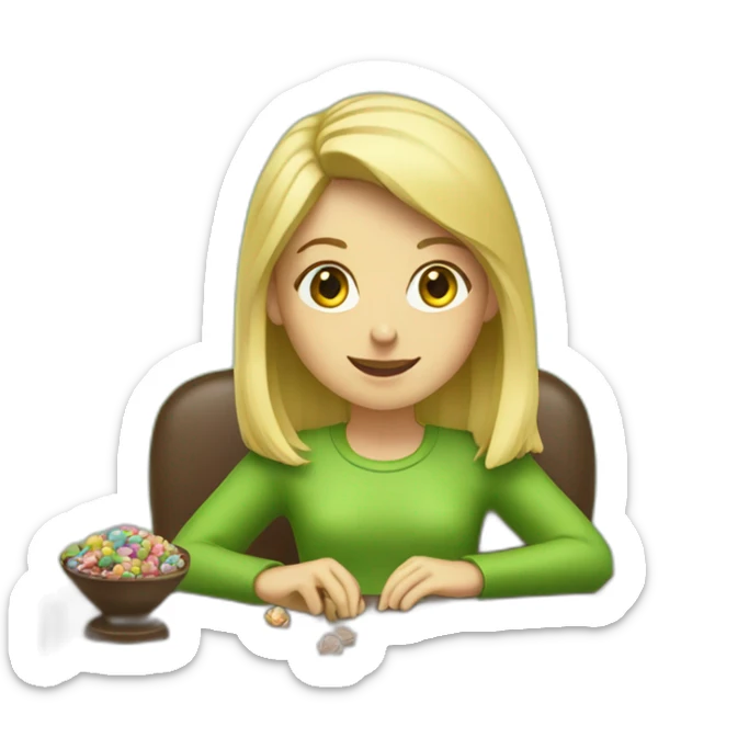 Girl with blonde hair sitting at a desk wrapping chocolate candies with solid green background sticker