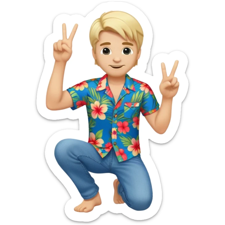 Full body emoji of a Blonde man with swooshing hair and no facial hair, crouching giving one peace sign while smirking in a Hawaiian shirt and jeans sticker