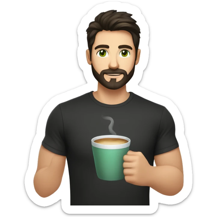 Handsome man with dark hair, holding an cup of coffee, gradient short hair on the side, green eyes. Thin face. Black t-shirt. A little beard. sticker