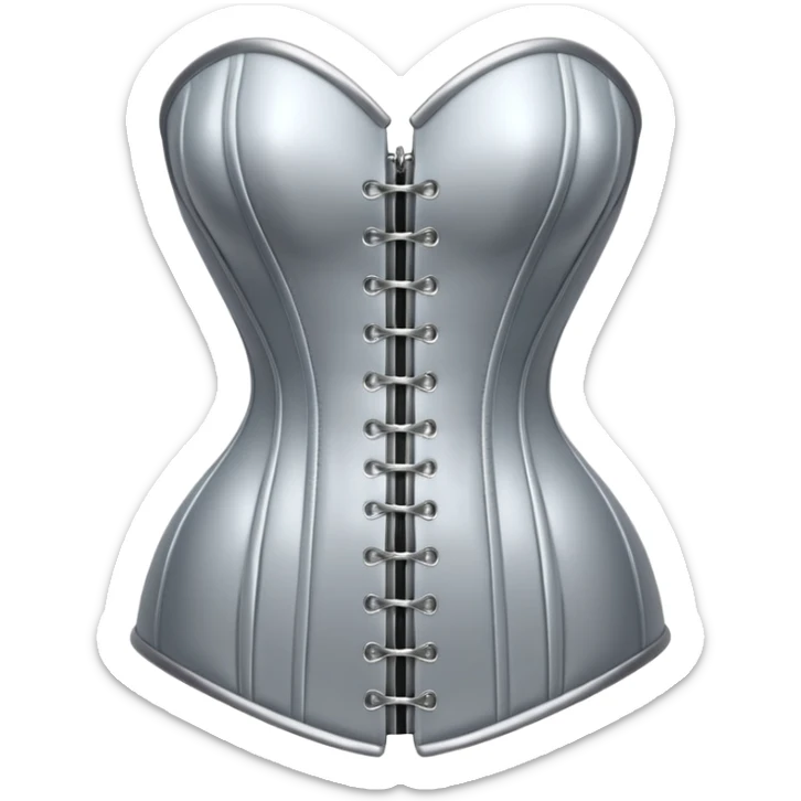 A luxury corset emoji made of silver chrome, smooth metallic curves, minimal fashion silhouette, glossy reflections, sensual high-end aesthetic, iOS emoji style, centered, clean white background sticker