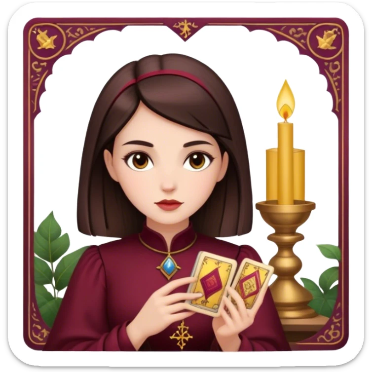 A brunette girl with a square hairstyle reading the Burgundy tarot sticker