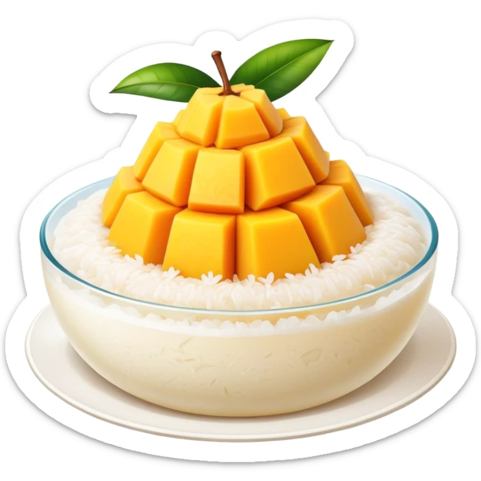 cinematic-realistic-mango-sticky-rice-dessert-emoji,-showcasing-sweet-sticky-rice out of a mould-paired-with-ripe-mango-slices-and-coconut-milk-rendered-with-lifelike-detail-and-warm,-inviting-lighting with the coconut  milk over the rice sticker