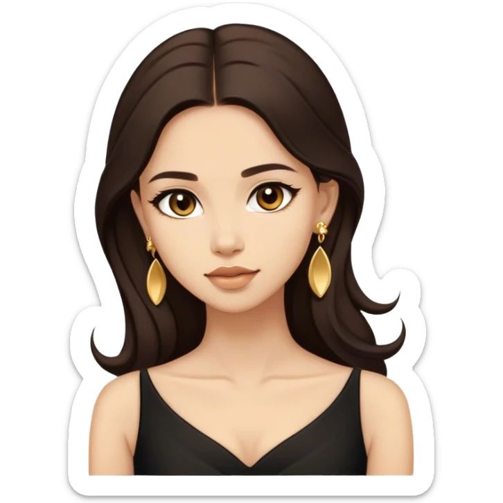 Beautiful woman,cute, long dark brown hair in dark dress with gold earrings sticker
