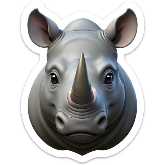 cinematic-noble-rhinoceros-portrait-emoji,-poised,-with-a-massive,-powerful-build-and-a-thick,-hide-of-slate-gray,-deep-set-soulful-piercing-eyes,-simplified-yet-sharp-and-sophisticated-features,-highly-detailed, with large black eyes, szoomed out showing houlders sticker