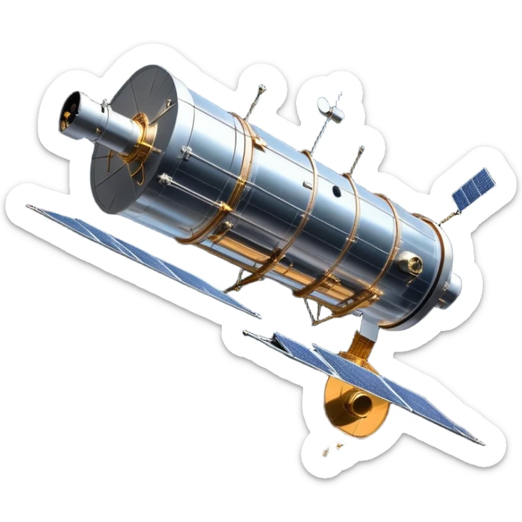 cinematic-realistic-hubble-space-telescope-emoji, an awe-inspiring, ultra-detailed depiction of the Hubble Space Telescope floating in space, its large, reflective metallic surface gleaming against the backdrop of the infinite blackness. The telescope's vast solar panels extend outwards, catching the light from distant stars, while its intricate, cylindrical body showcases advanced, precise engineering. The telescope's large, hexagonal lens is pointed towards the cosmos, surrounded by mechanical components, wires, and sensors. The detailed textures of the telescope’s metallic exterior, the shiny reflective coating, and the intricate grid-like solar panels are sharply contrasted against the void of space, with distant stars and nebulae faintly visible in the background, adding to the sense of scale and technological marvel; rendered with extreme realism and attention to detail. sticker