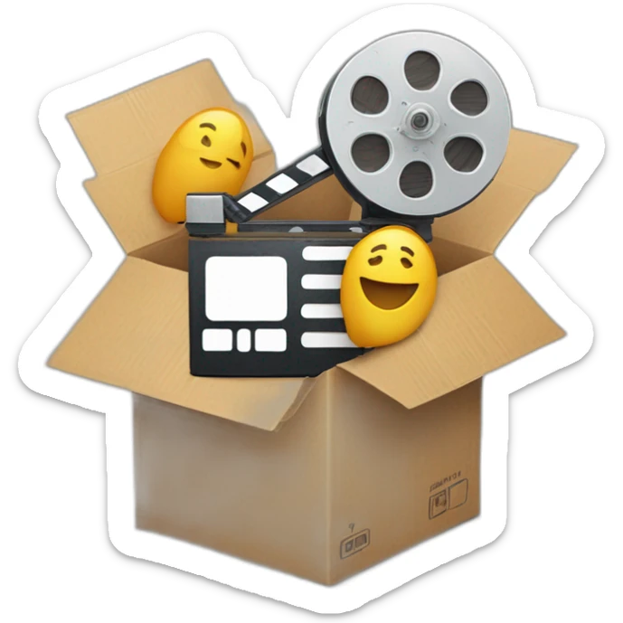 Video icons, movie camera, film, play, logos, likes, thumbs up, marks, views, coverage, applause fly out of a Cardboard box sticker