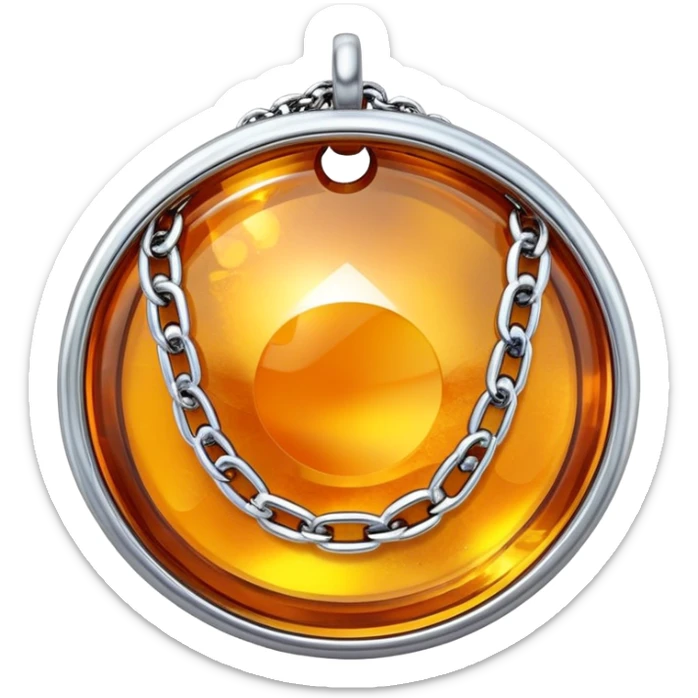 extreme close up of a round cut holographic amber charm with silver metal accent and chunky chain sticker