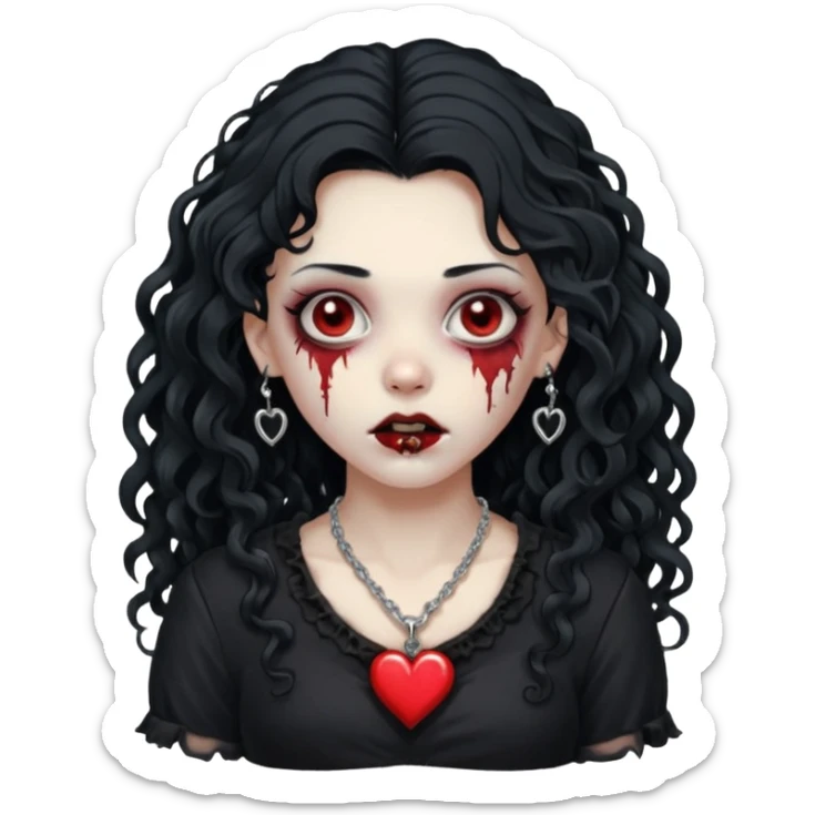 a zombie girl with a scar on her face, long curly hair, wearing a black blouse and a silver necklace with a heart pendant. sticker