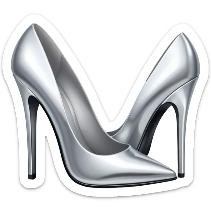 A pair of high heel shoes emoji made of polished silver chrome, elegant sharp silhouette, smooth metallic surface, glossy reflections, luxury sexy vibe, minimalistic iOS emoji style, centered, clean white background sticker