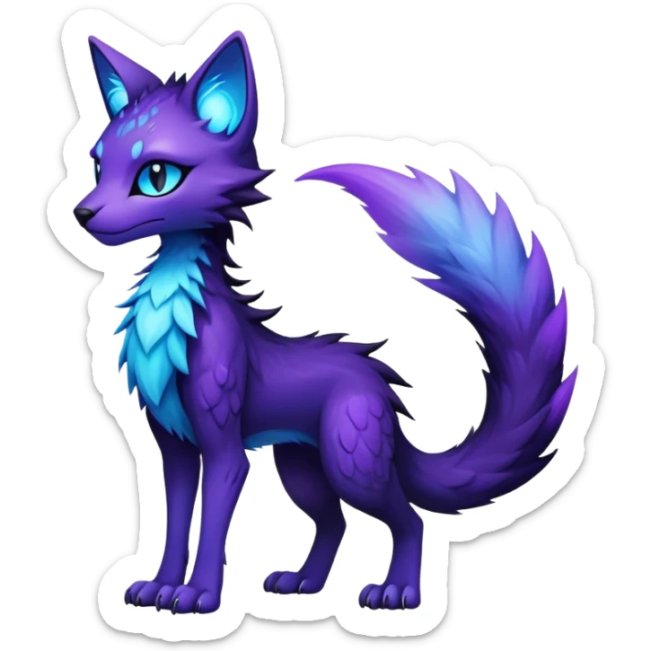 Kawaii dark black and blue and purple edgy fantasy ethereal feline-vernid-sergal-fursona animal creature with a tufted tail full body sticker