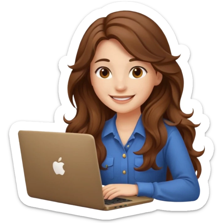 Sitting in front of a laptop in the style of a cute female developer. Not wearing glasses, smiling with long hair waves. Early 20s
 sticker