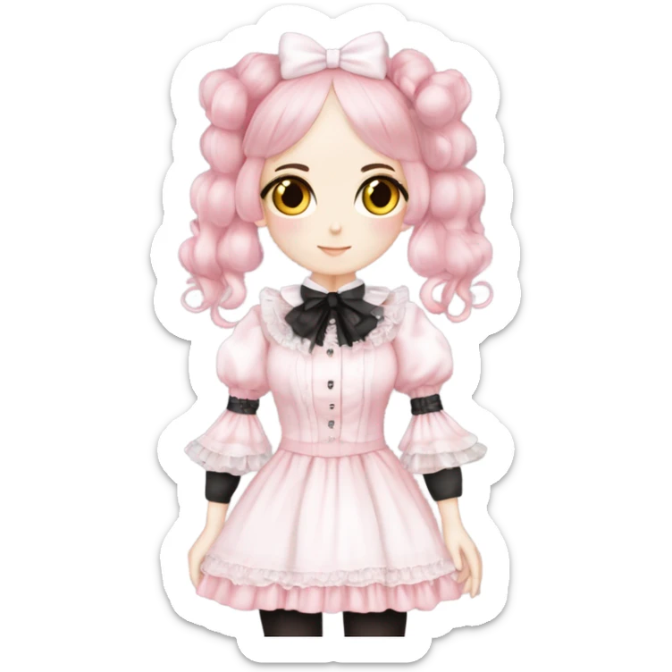Vestido rosa pastel y white gothic lolita, cuerpo completo, color de piel morena, pelo largo, pelo de color rojo y negro sticker