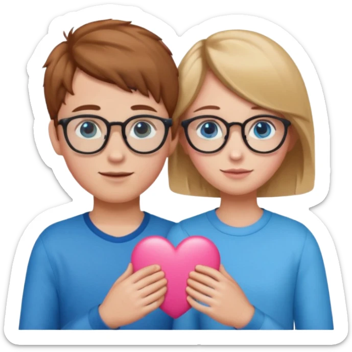 two young lovers, a pink heart in the middle, boy with chestnut hair and glasses, girl blonde with blue eyes, emoji style sticker