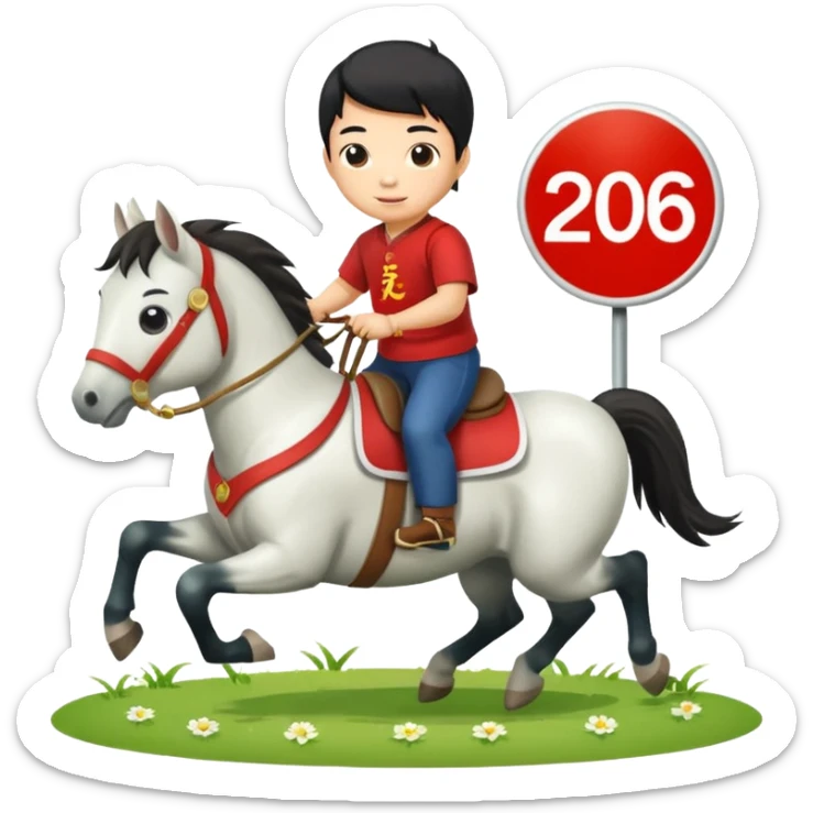 l little chinese boy riding on a  cute horse running on the grass with 2026 year label sticker