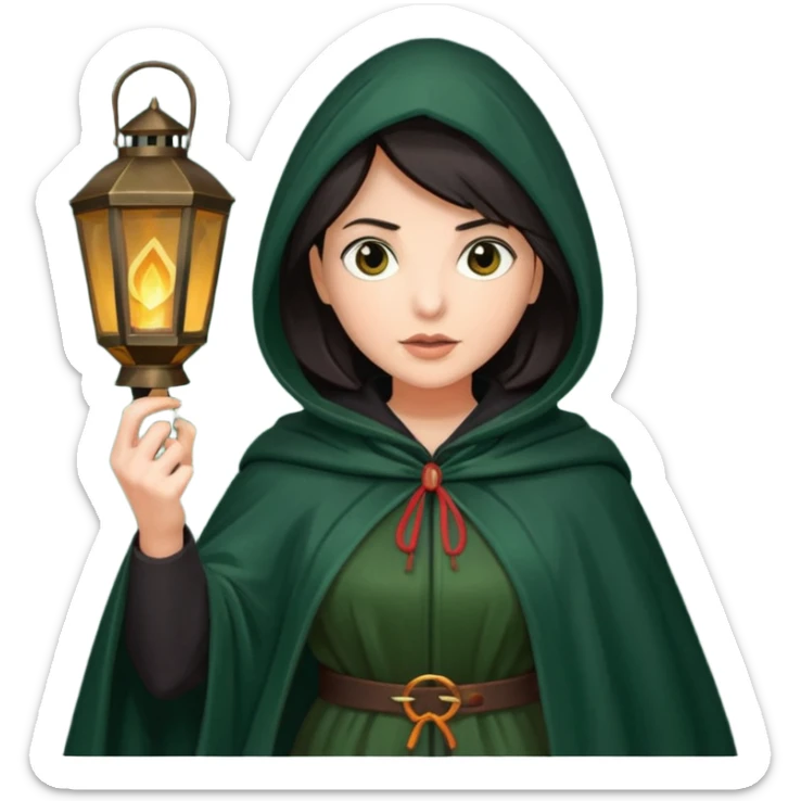 traitor tv show, dark haired woman wearing dark green cloak with hood up who looks evil and is holding up a lantern sticker