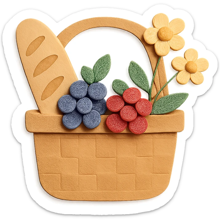 a picnic basket with berries, bread, and flowers, warm pastel shades, paper craft style sticker