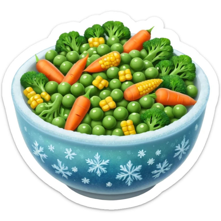 A close-up of a bowl filled with frozen mixed vegetables — peas, carrots, corn, and broccoli — covered with a light layer of frost. The colors are bright but slightly muted from freezing. Natural lighting, high-detail macro food photo. sticker