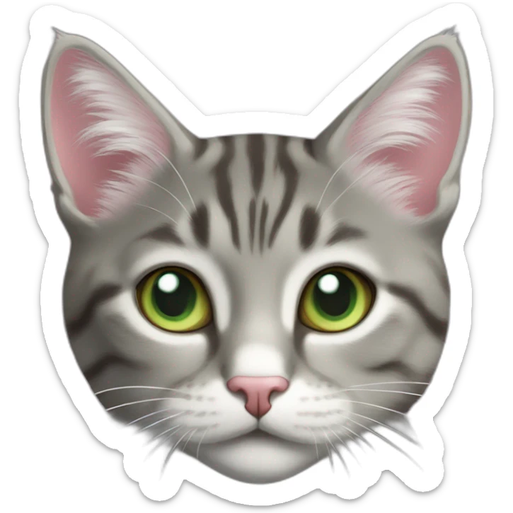Tabby gray cat with white mouth and white fur above nose and pink nose and light green eyes sticker