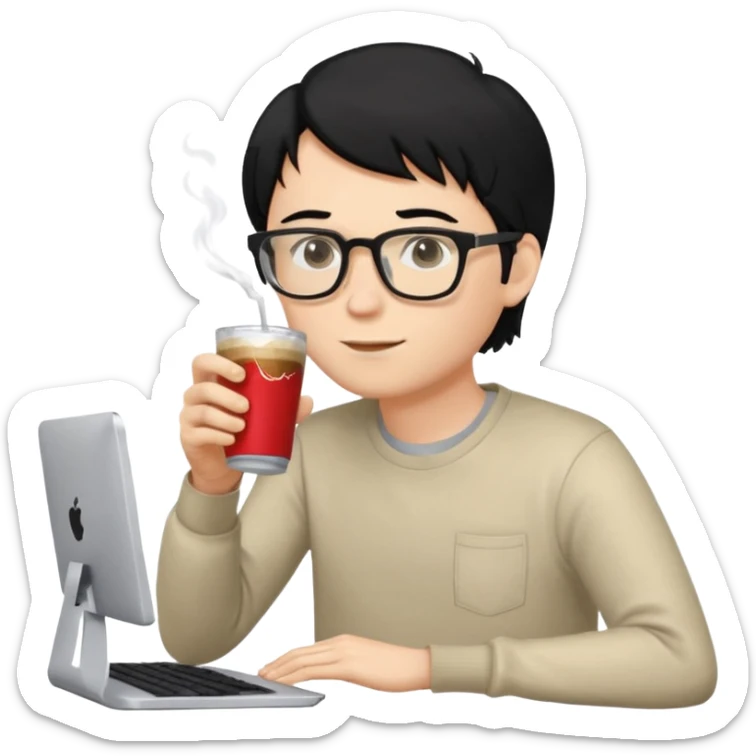 Hombre blanco con gafas, pelo negro tomando un refresco frente a un ordenador con ropa de sport, se ve en la pantalla del ordenador una mujer rubia tomando café sticker