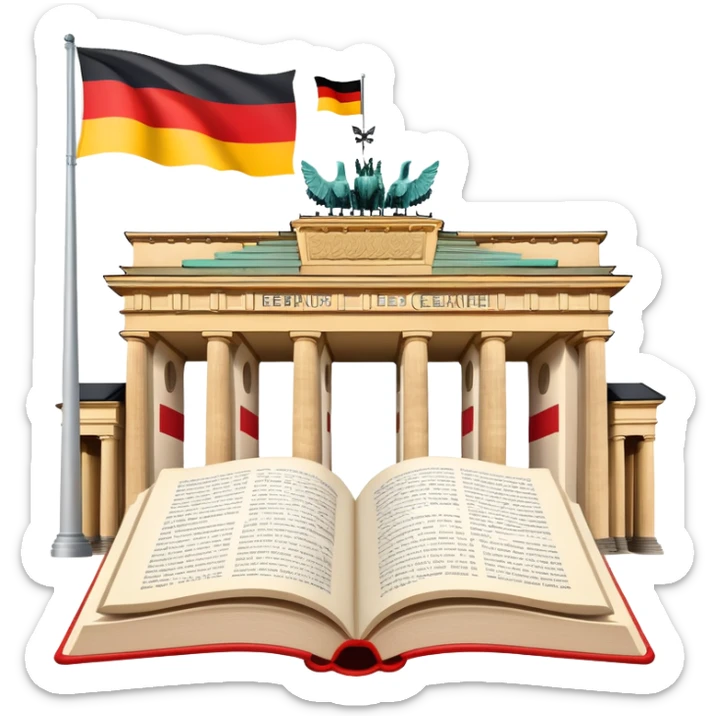 An icon featuring the Brandenburg Gate and the big flag of Germany, symbolizing the German language. The design includes an open book with German text representing language learning and German culture. Transparent background highlights the essence of German heritage. sticker
