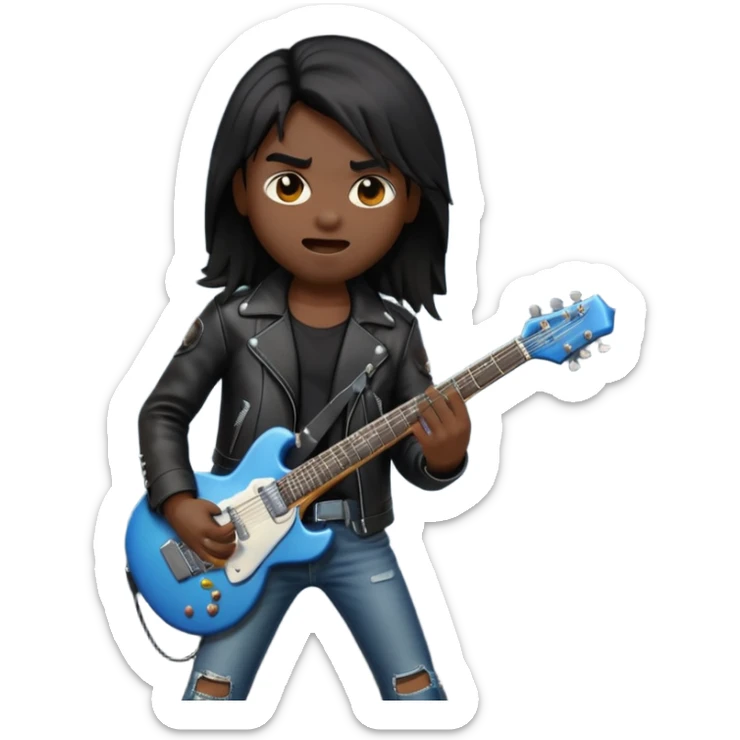 3D Apple-style emoji of a metal musician. Long hair, black leather jacket, ripped jeans, holding an electric guitar. Intense expression, glossy, rounded, smooth, soft shadows, white background.










 sticker