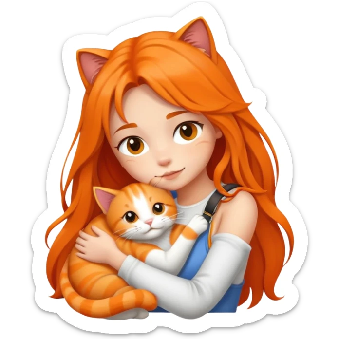 Fair skin girl with long hair - white sling - hugging a orange cat sticker