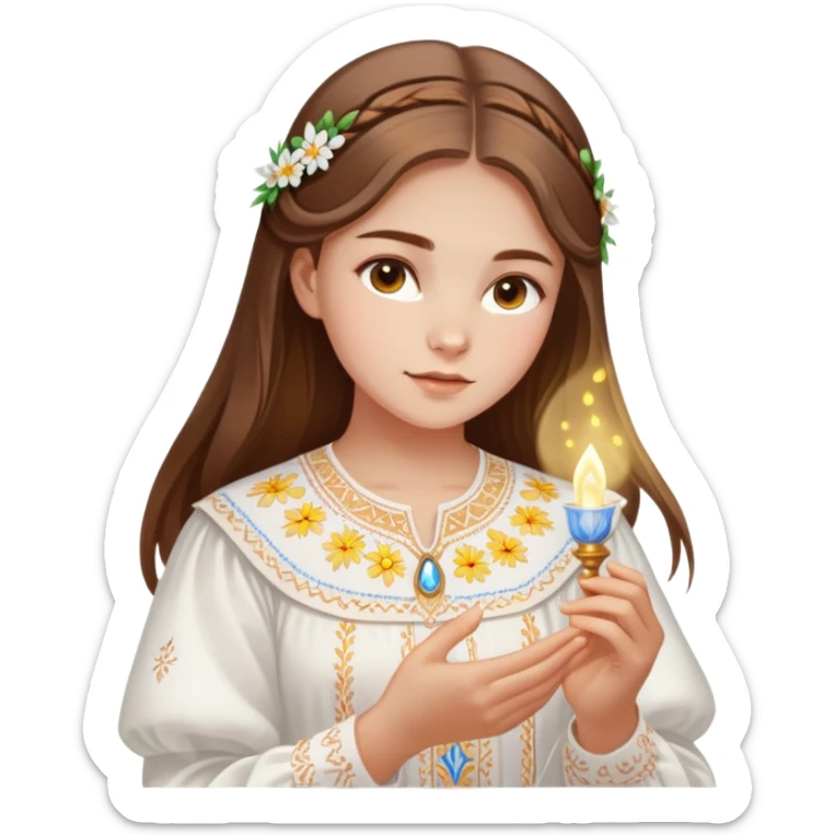 Ukrainian young girl with brown hair wearing a traditional white embroidered vyshyvanka shirt, holding a glowing ethereal light representing her soul sticker