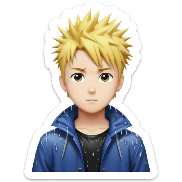 Anime-style boy with spiky hair standing alone in the rain, anime aesthetic sticker