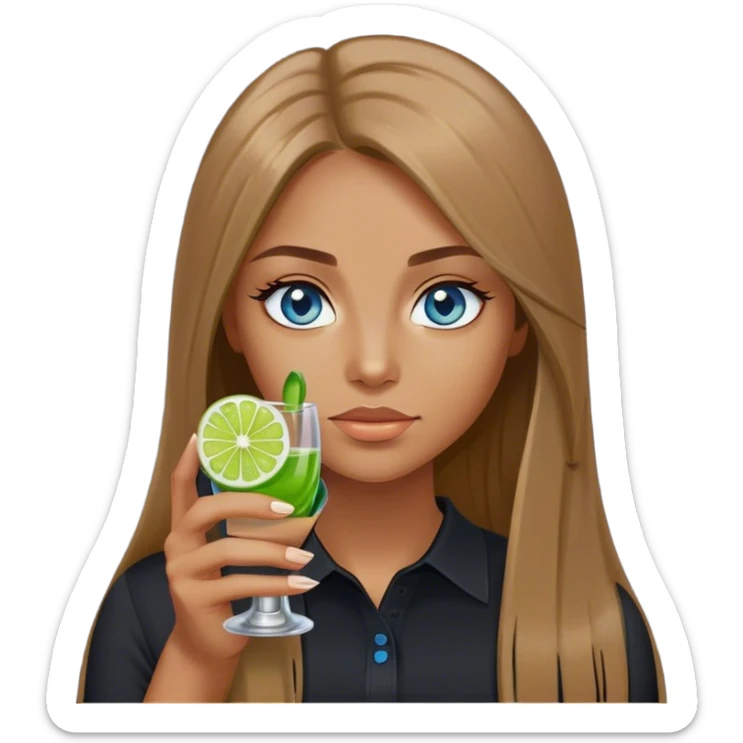 tan woman, black shirt, long light brown straight hair, grey blue eyes, holding a shot with lime sticker