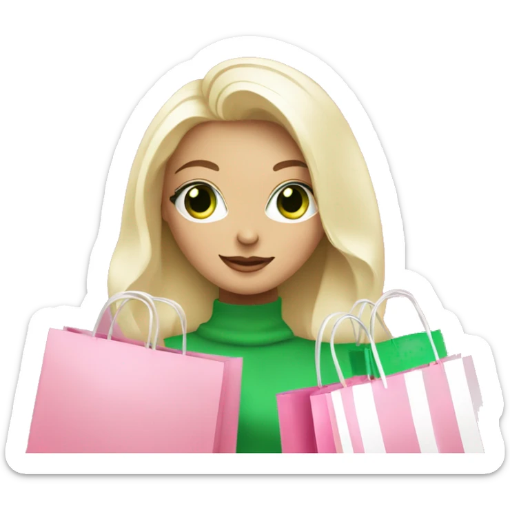 cute platinum blonde with green eyes surrounded by pink shopping bags sticker