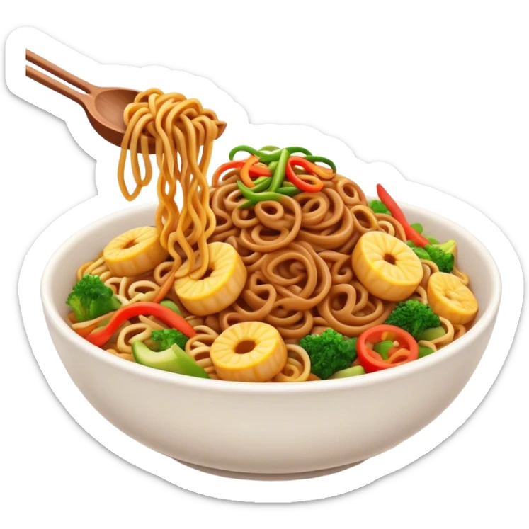 Cinematic Realistic Mie Goreng Dish Emoji, featuring stir‚Äêfried noodles with vegetables and meat rendered with dynamic textures and warm, appetizing lighting. sticker
