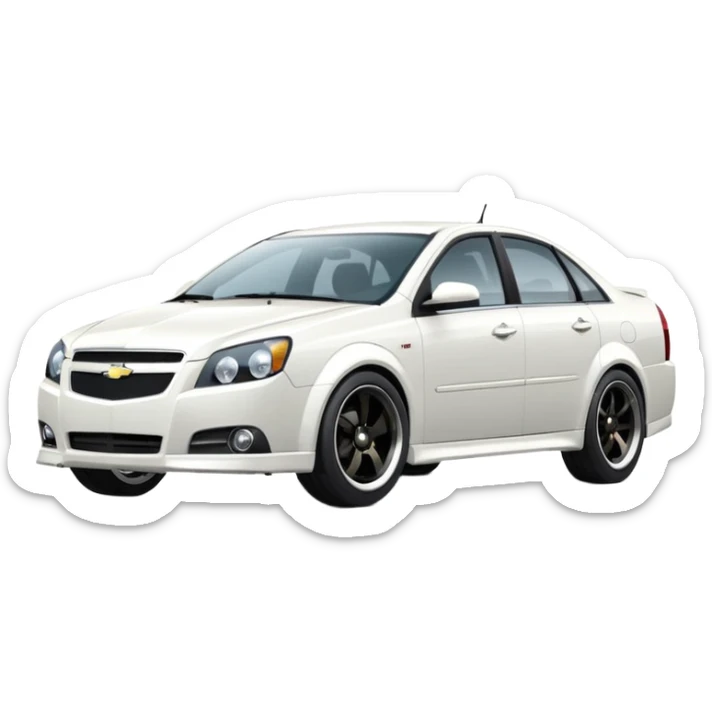 A cinematic, high-detail photograph of a glossy white Chevrolet Optra Magnum sedan with tinted windows and custom alloy rims sticker