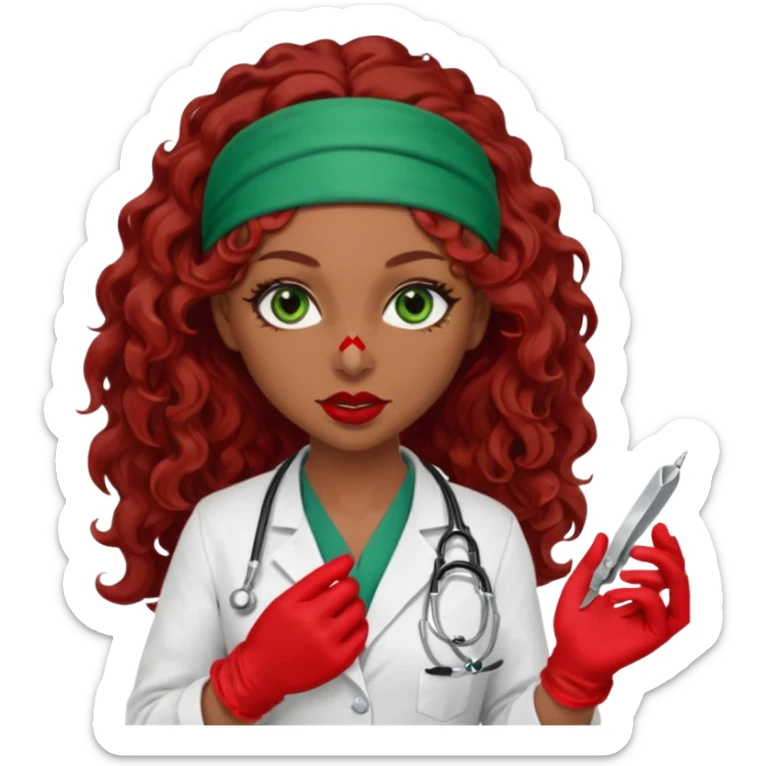 Lilith scalpel in hand, evil surgeon sexy surgeon clothes.  She has green  eyes. She brown long curly hair. Wears sexy doctor outfit with red gloves.hair is free and brown  Wears red bandana to hide  her mouth and nose sticker