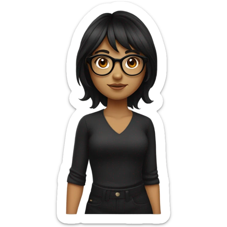girl with slightly wavy black hair in layers has curtain bangs tanned skin brown eyes black circular glasses sticker
