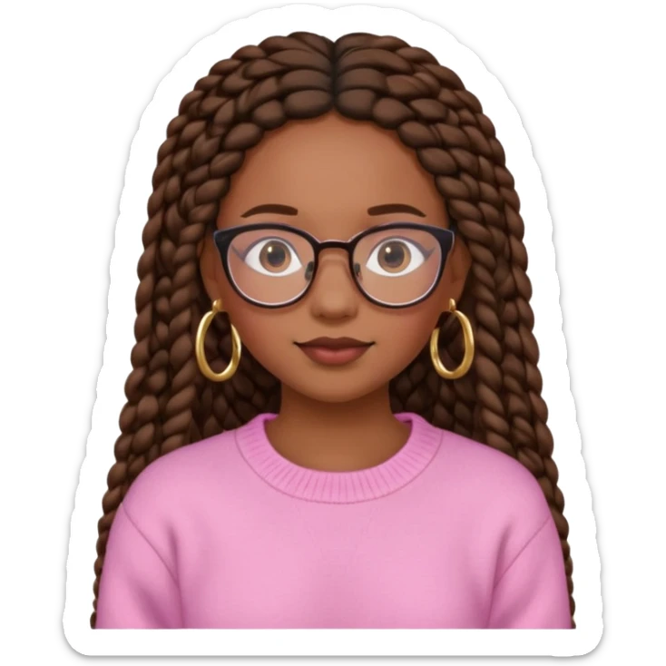 cute  black adult girl with glasses and braids that are long which are brown, and some blush on her cheeks , in a pink sweater and some gold hoop earings . sticker