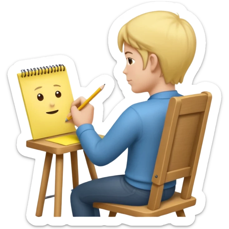 Memoji sitting on a chair from behind (pnly hair and back of the chair shown) writing on a sticky note  sticker